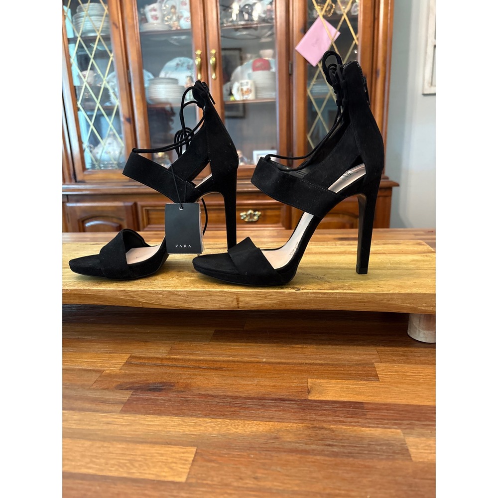 Zara Stiletto Sandals Women 7.5 Black New Lace Up Ankle Zip 7412/101/040
